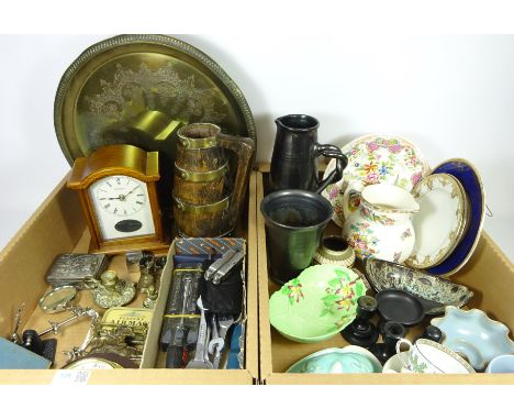 Oak and brass bound jug, mantle clock, Barometer, hand tools, high fired jug, other decorative ceramics and miscellanea in tw