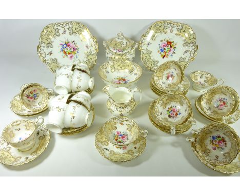 Early 19th Century Coalport tea and coffee service hand painted with flowers and insects within gilded borders, pattern numbe