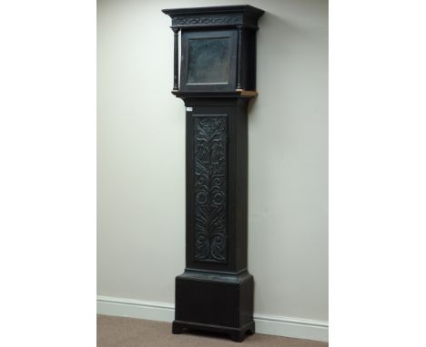 Victorian dark oak longcase clock case, carved trunk door, square hood with strap work frieze, turned columns   Condition Rep