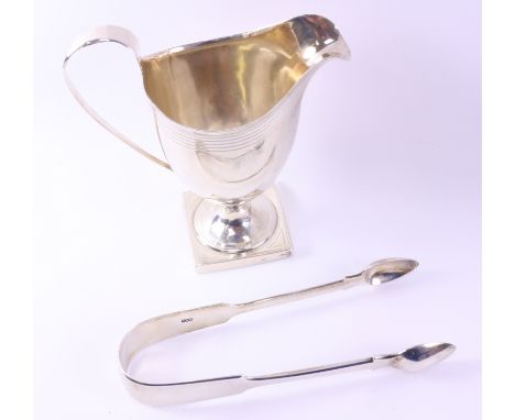 George III silver helmet shaped cream jug by Alfred Fuller London 1794, and a pair of Victorian sugar tongs 6oz   Condition R