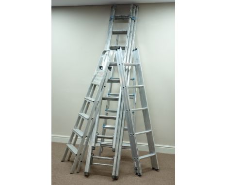 Aluminium triple extending ladders, two pairs of step ladders and another double extending set of ladders   Condition Report 