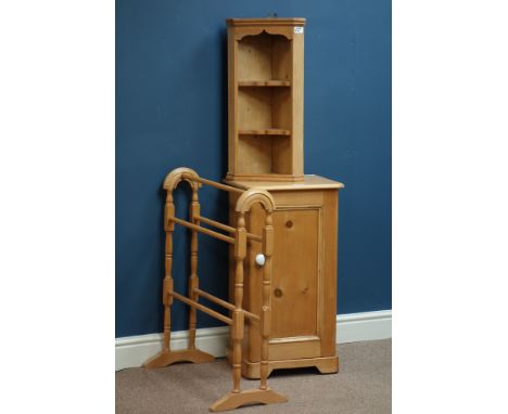 Victorian pine bedside cabinet (W40cm, H73cm, D34cm), towel rail and wall hanging corner shelf   Condition Report   Click her