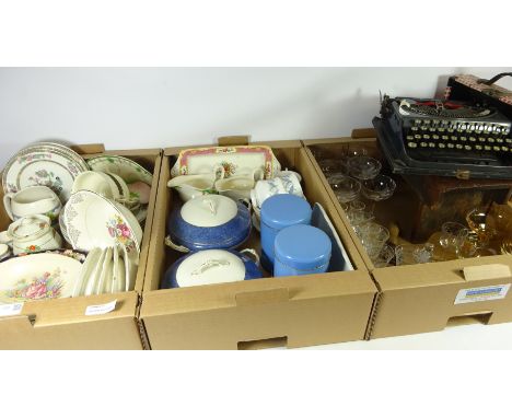 Decorative ceramics, glassware, fireside stool, Remington typewriter, Bully Beef can opener and miscellanea in three boxes   