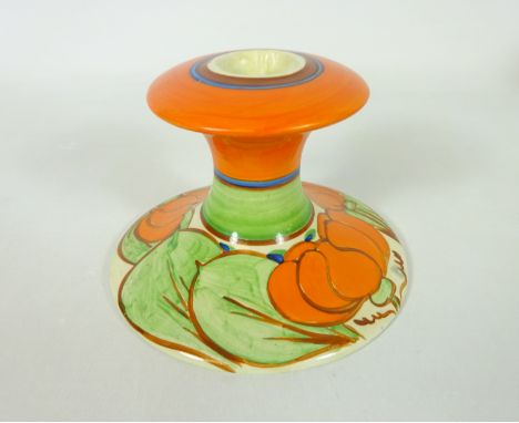 Clarice Cliff Fantastique 'Orange Lily' pattern candlestick, printed mark to base, H8cm    Condition Report   Click here for 