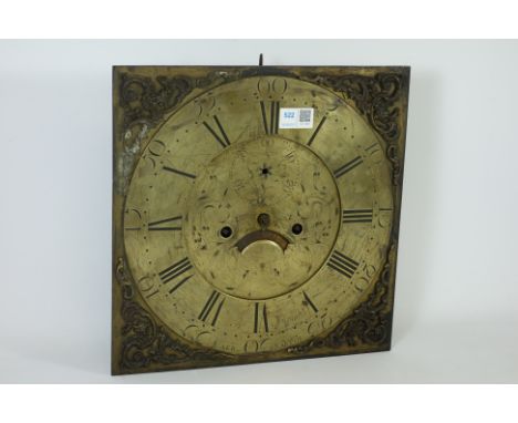 Late 18th century brass longcase clock dial and eight day movement, Roman numerals, engraved dial, date aperture and subsidia