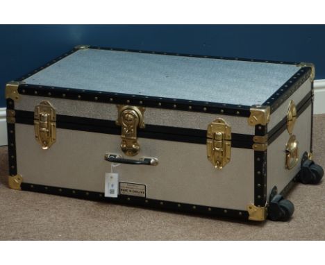 Metal bound travelling trunk with keys, W77cm   Condition Report   Click here for further images, condition, auction times & 