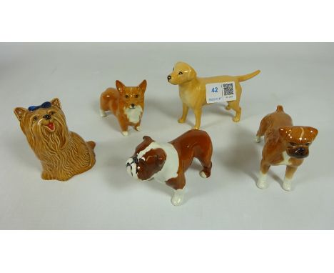 Five Beswick Dogs; Boxer, Labrador, 'Bosun' Bulldog, Corgi and a Yorkshire Terrier (5)   Condition Report   Click here for fu