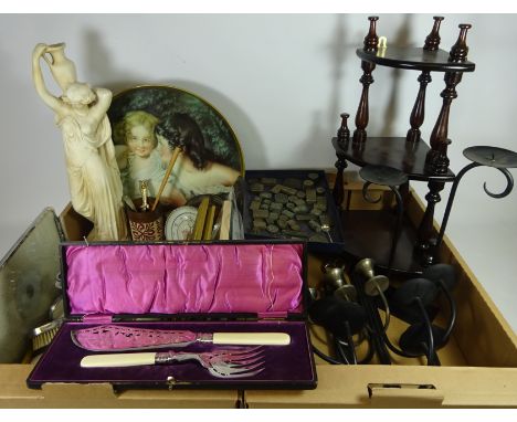 Pair of fish servers, Regent of London dressing table clock, Vintage dressing table set, Ingots, metal seals etc, musical whi