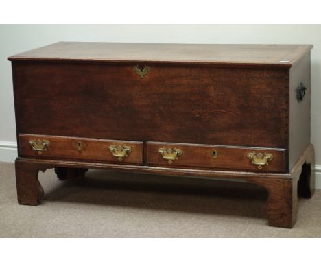 Late 18th century oak mule chest, hinged lid, two drawers, on tall bracket feet, W138cm, H75cm, D55cm   Condition Report   Cl