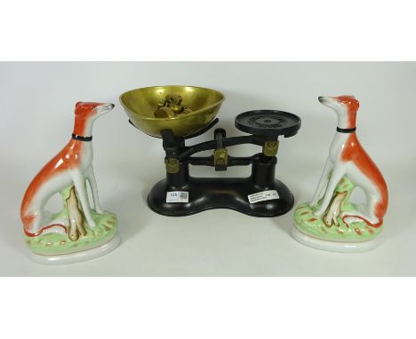 Pair of Staffordshire type Grey Hounds with Hares and a set of kitchen scales and weights    Condition Report   Click here fo