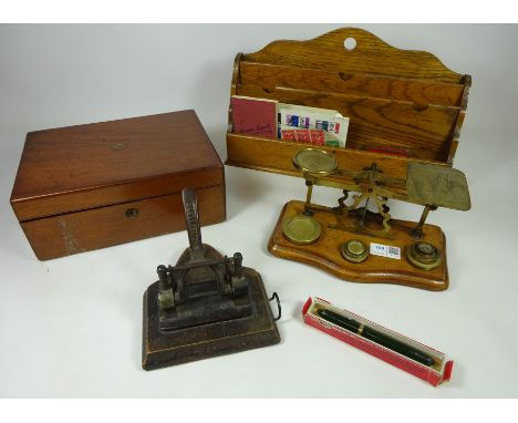 Oak letter rack, postal scales, Victorian mahogany writing box, Vintage hole punch, Swan fountain pen with nib stamped 14ct a