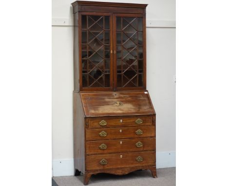 Early 19th century mahogany fall front bureau bookcase with shell inlay, four graduating drawers, inlaid and well fitted inte