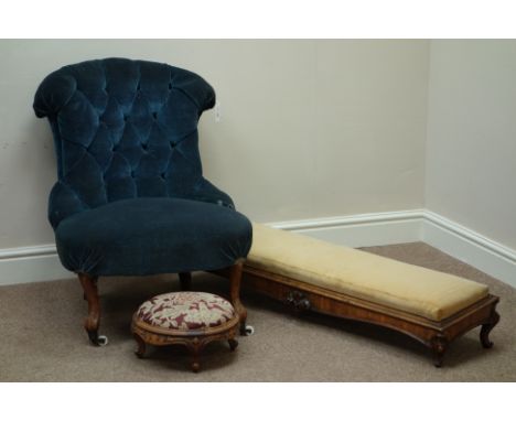 Victorian button back nursing chair, carved walnut front legs, Victorian walnut long footstool carved detail and another circ