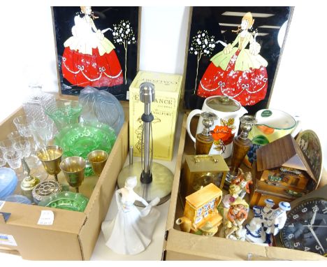 Pair of Vintage paintings on glass, Coalport figurine, pair of candlesticks, retro wall clock and miscellanea in two boxes   