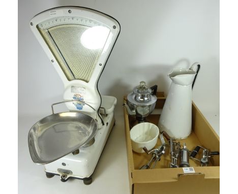 Set of Berkel weighing scales, Vintage enamel jug, coffee pot, jelly mould and other kitchen utensils in one box     Conditio