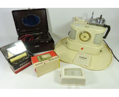 Vintage Teasmade and a Bakelite Ormond hairdryer, Vintage Pifcko 'Bedlite' and a travel iron in box    Condition Report   Cli
