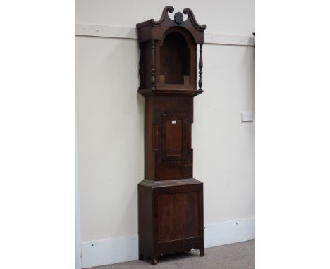19th century oak and mahogany longcase clock case, swan neck pediment to hood, turned supports, H226cm   Condition Report   C
