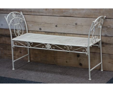 Wrought metal two seat garden bench, white finish, W130cm, H73cm   Condition Report   Click here for further images, conditio