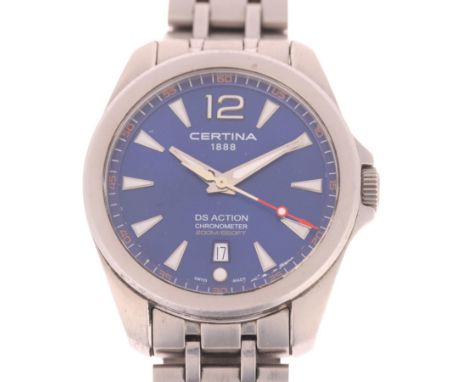 CERTINA - a stainless steel DS Action chronometer quartz calendar bracelet watch, ref. C032851, blue dial with luminous arrow