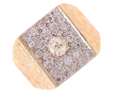 An 18ct gold diamond signet ring, pave set with old European and eight-cut diamonds, total diamond content approx 0.75ct, set