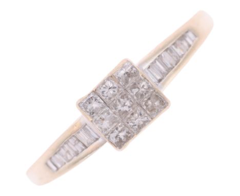 An 18ct white gold diamond square cluster ring, set with Princess-cut diamonds and baguette diamond shoulders, total diamond 
