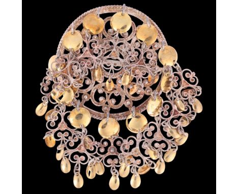 TONE VIGELAND - a Norwegian sterling silver-gilt Folk Art brooch, with filigree flowerhead drops, 91.8mm, 39.2g . Condition R