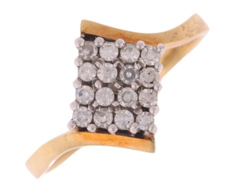 An 18ct gold diamond square panel ring, set with eight-cut diamonds with crossover shoulders, total diamond content approx 0.