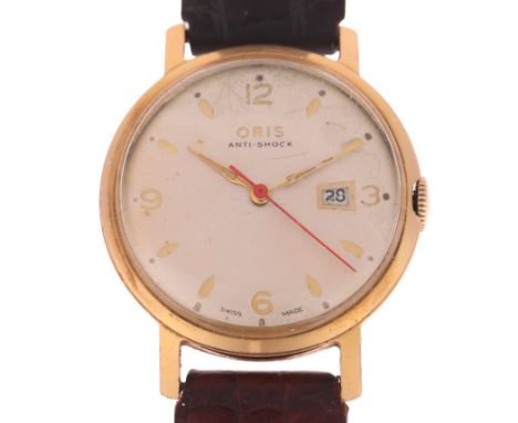 ORIS - a gold plated stainless steel mechanical calendar wristwatch, circa 1960s, silvered dial with gilt quarterly Arabic nu