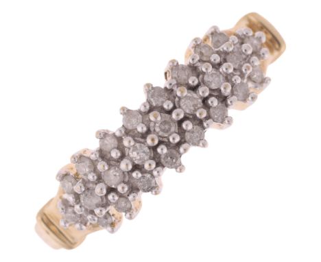 A 9ct gold diamond triple-row dress ring, set with single-cut diamond, total diamond content approx 0.25ct, setting height 6m