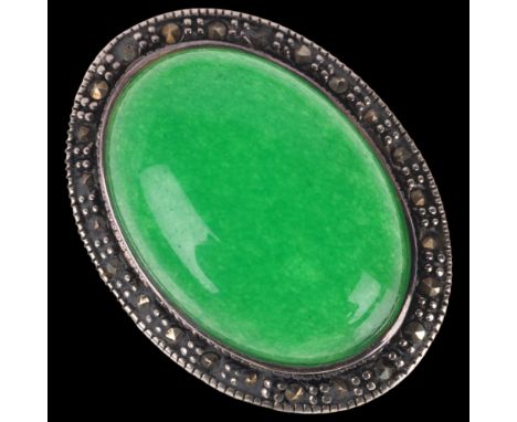 A large Swedish sterling silver aventurine quartz and marcasite oval cluster ring, setting height 32.2mm, size K, 14.4g . Con