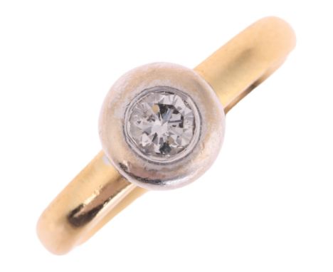 An 18ct two-colour gold 0.15ct single stone diamond ring, maker EF, Sheffield 1999, rub-over set with modern round brilliant-