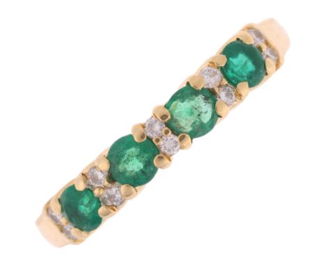 An 18ct gold emerald and diamond half hoop ring, maker SW, London 1994, setting height 3.3mm, size J, 2.8g . Condition Report