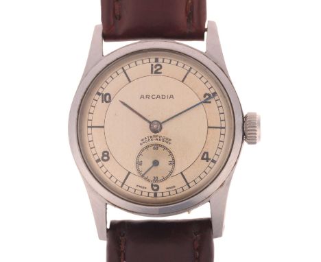 ARCADIA - a Vintage stainless steel mechanical wristwatch, circa 1950s, silvered dial with black eighthly Arabic numerals, bl