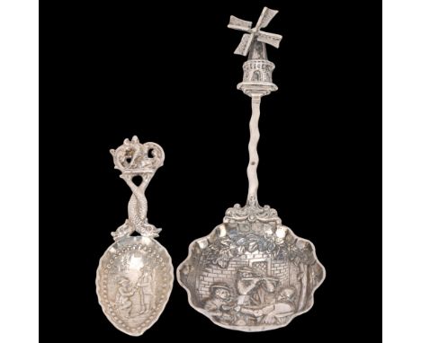2 Antique Continental silver spoons, comprising larger novelty serving spoon with windmill terminal, 16cm, and smaller tea ca