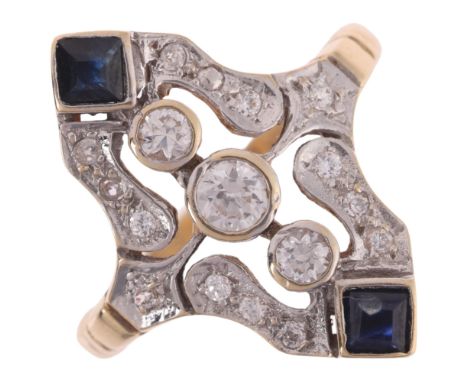 A 9ct gold sapphire and cubic zirconia plaque ring, maker DJ, import London 1989, in the Art Deco style, setting height 21.7m