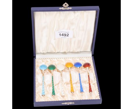 EGON LAURIDSEN - a set of 6 Danish vermeil sterling silver and harlequin enamel coffee spoons, 9.5cm, cased . Condition Repor