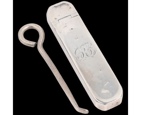 A 19th century Continental silver marker box, elongated octagonal form, with invisible hinge opening to reveal hook, 6.5cm x 