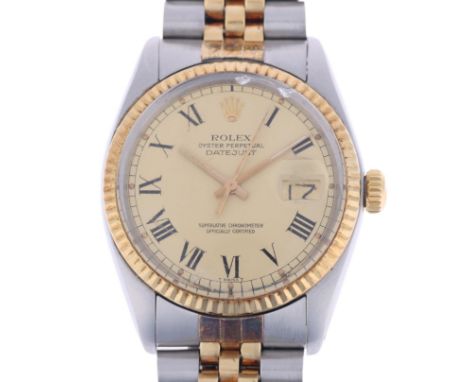 ROLEX - a bi-metal Oyster Perpetual Datejust automatic calendar bracelet watch, ref. 16013, circa 1978, champagne dial with b