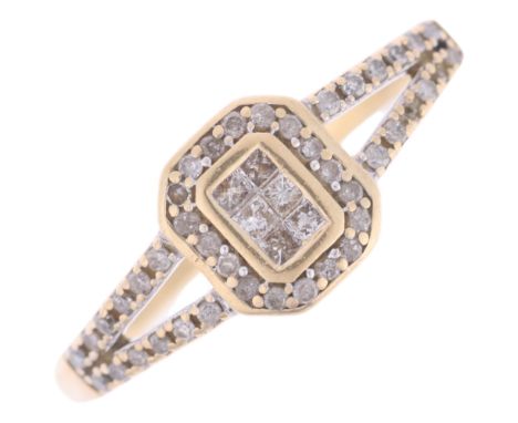 A 9ct gold diamond plaque ring, pave set with modern round brilliant-cut diamonds, total diamond content approx 0.25ct, setti