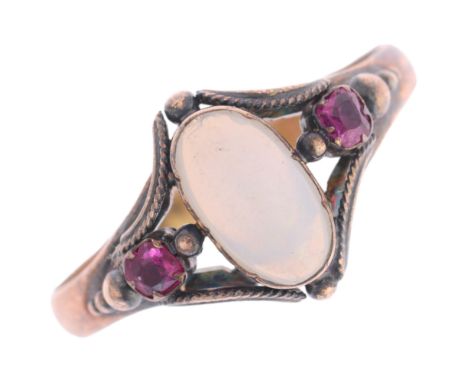 A Victorian 15ct gold three stone opal and ruby ring, maker JP, Birmingham 1874, rub-over set with oval cabochon opal and cus