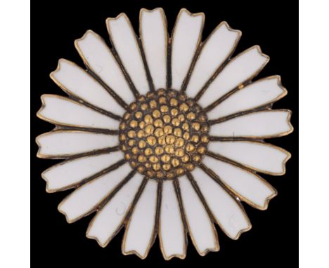 GEORG JENSEN - a Danish modernist vermeil sterling silver and white enamel daisy pattern brooch, 32.2mm, 9.3g . Condition Rep
