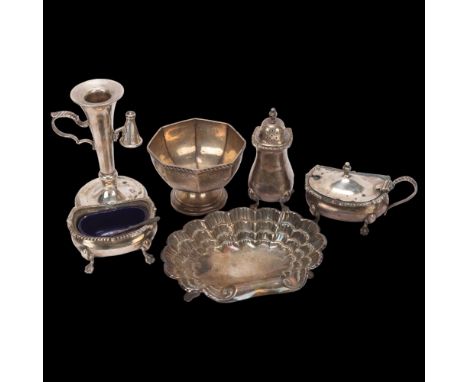 Various silver, including chamber stick, Mappin & Webb cruet set, dish, etc, 13oz total . Condition Report:Lot sold as seen u