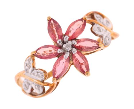 A 9ct gold padparadscha sapphire and diamond flowerhead cluster ring, maker R&C, setting height 12.4mm, size N, 1.9g . Condit