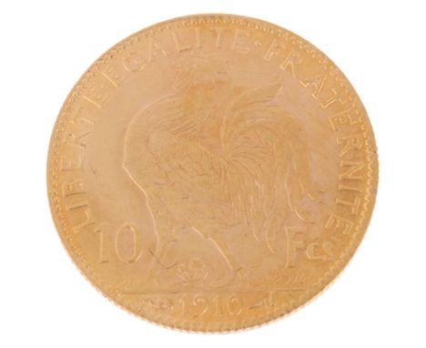 A French Third Republic 1910 gold ten francs coin, 18.8mm, 3.2g . Condition Report:No damage, light wear to high points