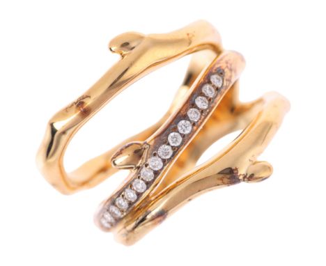 SHAUN LEANE - a vermeil sterling silver diamond Cherry Blossom 3-branch band ring, set with modern round brilliant-cut diamon