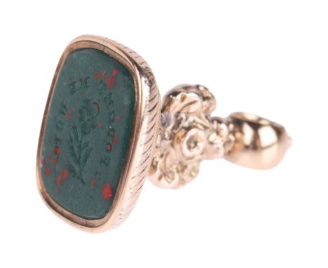 An Antique Victorian bloodstone 'Forget-Me-Not' seal fob, the panel intaglio carved with wording and flower, unmarked mount t