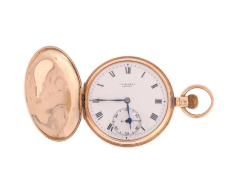 J W BENSON - a 9ct rose gold full hunter keyless pocket watch, white enamel dial with Roman numeral hour markers, blued steel