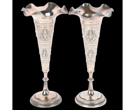 A pair of Indian silver trumpet bud vases, 20cm, 8.9oz . Condition Report:Lot sold as seen unless specific item(s) requested