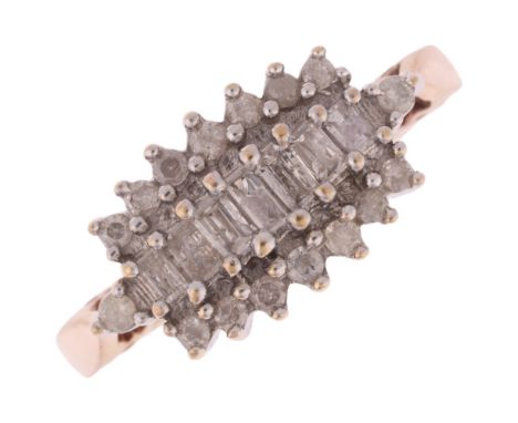 A 9ct gold diamond cluster ring, set with baguette and modern round brilliant-cut diamonds, total diamond content approx 0.5c