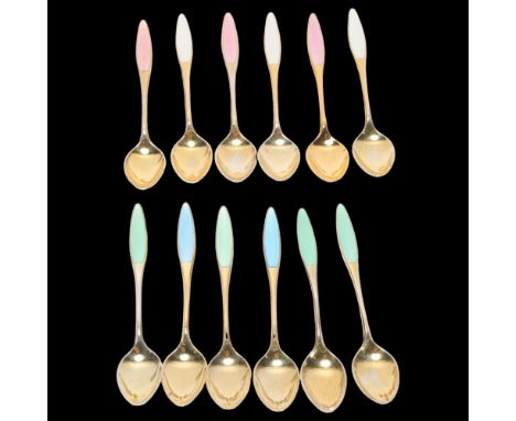 FRIGAST - a set of 12 Danish vermeil sterling silver and harlequin enamel coffee spoons, 9.5cm . Condition Report:No damage o